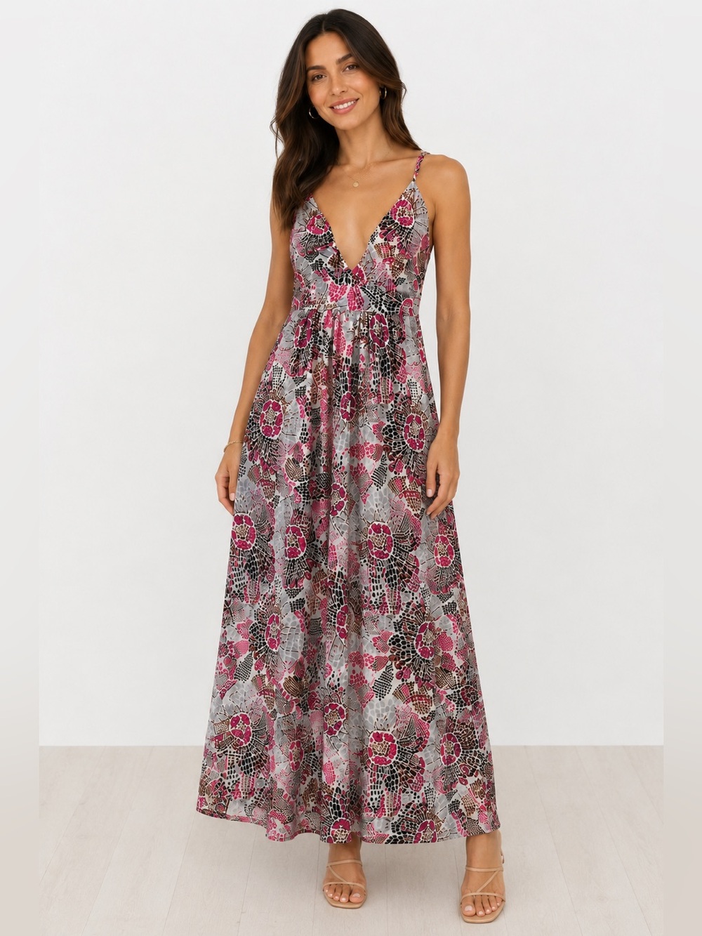 Max & Cleo Pink and Gray Floral V-Neck Spaghetti Strap Maxi Dress | Size M